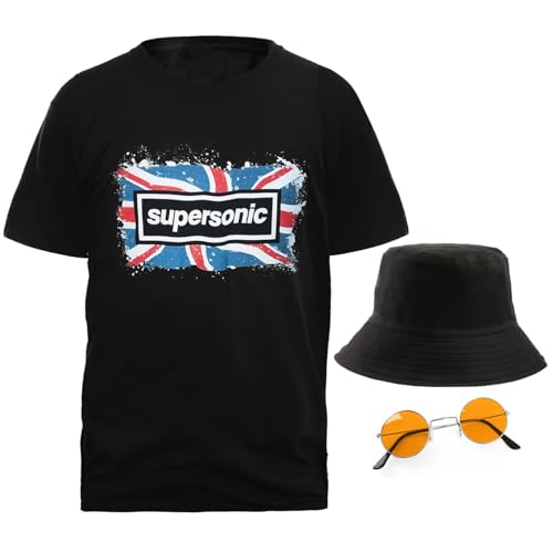Britpop-Kostüm für Erwachsene, Größe XL, schwarzes T-Shirt mit Union Jack-Aufdruck, schwarzer Eimerhut, orangefarbene runde Sonnenbrille – Rockband der 90er-Jahre, Musik-Symbole Britpop-Kostüm für Erwachsene, Größe XL, schwarzes T-Shirt mit Union Jack-Aufdruck, schwarzer Eimerhut, orangefarbene runde Sonnenbrille – Rockband der 90er-Jahre, Musik-Symbole von I LOVE FANCY DRESS