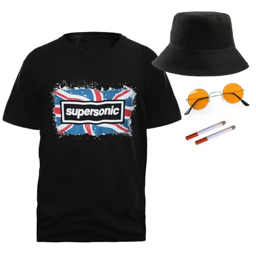 Britpop-Kostüm für Erwachsene, Größe XXL, schwarzes T-Shirt mit Union Jack-Überschalldruck, schwarzer Eimerhut, orangefarbene runde Sonnenbrille, 2 künstliche Zigaretten, Rockband-Musiksymbole für Britpop-Kostüm für Erwachsene, Größe XXL, schwarzes T-Shirt mit Union Jack-Überschalldruck, schwarzer Eimerhut, orangefarbene runde Sonnenbrille, 2 künstliche Zigaretten, Rockband-Musiksymbole für von I LOVE FANCY DRESS