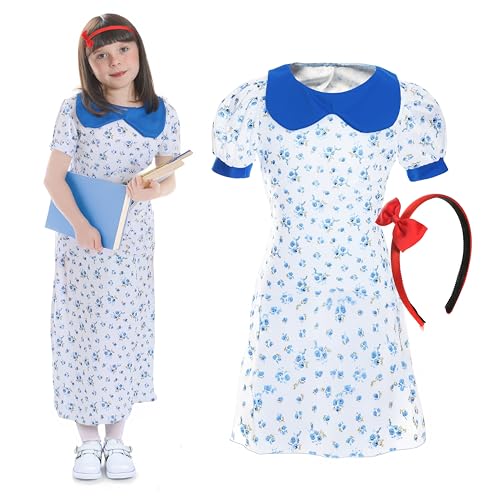Bücherwurm-Kostüm für Kinder, Größe XL, weißes Kleid mit blauen Blumendetails und rotem Stirnband – perfekt für den Welttag des Buches Bücherwurm-Kostüm für Kinder, Größe XL, weißes Kleid mit blauen Blumendetails und rotem Stirnband – perfekt für den Welttag des Buches von I LOVE FANCY DRESS