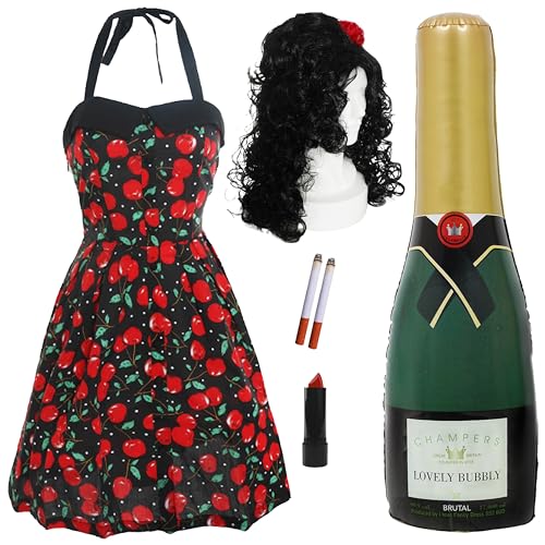 Cherry Dress Diva Kostüm - Inklusive Halfterkleid, Perücke, Champagnerflasche, Zigaretten & Lippenstift - Lustiges Fasching für 2000er Jahre Party & Junggesellinnenabschied von I LOVE FANCY DRESS