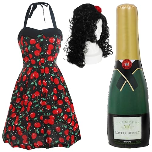 Cherry Dress Diva Kostüm-Set – klein/mittel – schwarzes Neckholder-Kleid, lockige Perücke mit roter Blume & aufblasbarer Champagnerflasche – 2000er Jahre Party Verkleidung Outfit Cherry Dress Diva Kostüm-Set – klein/mittel – schwarzes Neckholder-Kleid, lockige Perücke mit roter Blume & aufblasbarer Champagnerflasche – 2000er Jahre Party Verkleidung Outfit von I LOVE FANCY DRESS