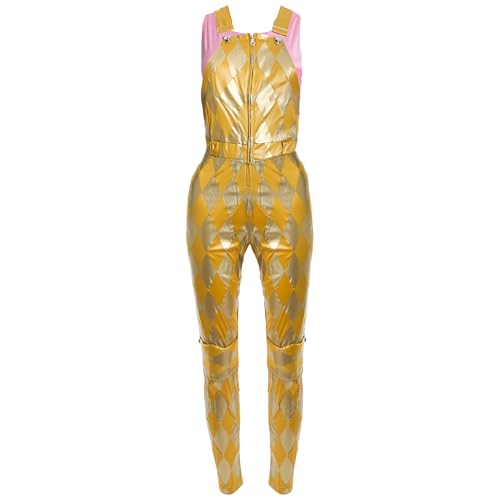 Clowns-Assistentenkostüm für Damen, Größe XL, rosa Velours, bauchfreies Top und gelbe Latzhose mit Rautenmuster, für Erwachsene, Damen, TV-Film, Halloween, Faschingskostüm von I LOVE FANCY DRESS