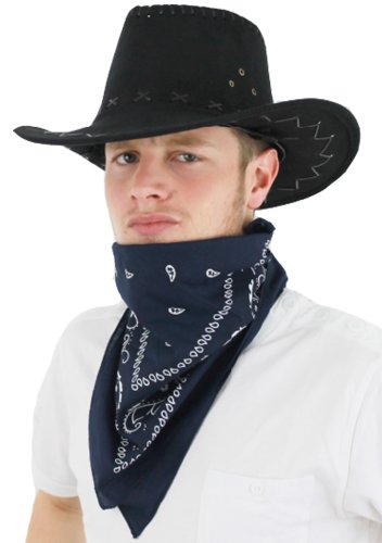 Cowboy Kostüm Zubehör Set Schwarz Faux Wildleder Cowboyhut und Navy Paisley Bandana Wild West Western Outfit für Erwachsene Rodeo Mottopartys Fasching Halloween von I LOVE FANCY DRESS