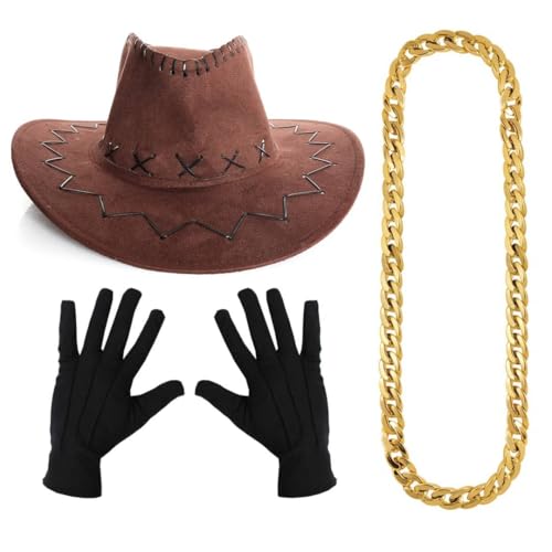 Cowboy Kostüm Zubehör Set - Brauner Cowboyhut, Schwarze Handschuhe & Goldkette - Western & Hip Hop Verkleidung Outfit für Erwachsene Cowboy Kostüm Zubehör Set - Brauner Cowboyhut, Schwarze Handschuhe & Goldkette - Western & Hip Hop Verkleidung Outfit für Erwachsene von I LOVE FANCY DRESS