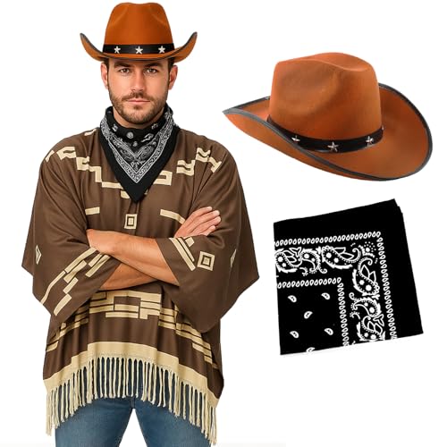 Cowboy-Kostüm für Erwachsene, dunkelbrauner Poncho mit Quasten-Fransen, brauner Cowboyhut mit Sternen, schwarzes Paisleymuster, Banditenheld, Western-Kostüm für Herren Cowboy-Kostüm für Erwachsene, dunkelbrauner Poncho mit Quasten-Fransen, brauner Cowboyhut mit Sternen, schwarzes Paisleymuster, Banditenheld, Western-Kostüm für Herren von I LOVE FANCY DRESS