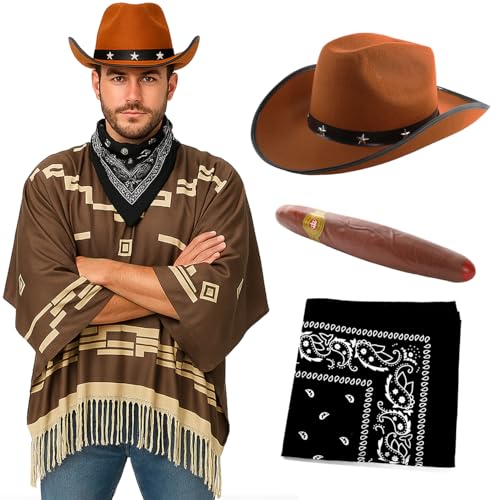 Cowboy-Kostüm für Erwachsene – dunkelbrauner Poncho mit Quasten-Fransen, brauner Cowboyhut mit Sternen, schwarzes Paisleymuster, gefälschte Zigarre – Herren-Kostüm für Wilder Westen, Bandit von I LOVE FANCY DRESS