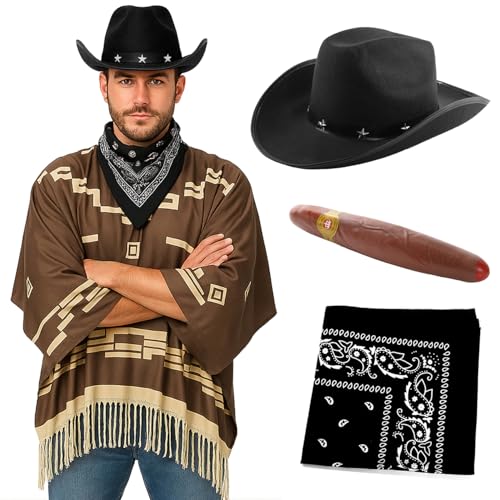 Cowboy-Kostüm für Erwachsene – dunkelbrauner Poncho mit Quasten-Fransen, schwarzer Cowboyhut mit Sternen, schwarzes Paisleymuster, gefälschte Zigarre – Herren-Kostüm für Wilder Westen, Bandit Cowboy-Kostüm für Erwachsene – dunkelbrauner Poncho mit Quasten-Fransen, schwarzer Cowboyhut mit Sternen, schwarzes Paisleymuster, gefälschte Zigarre – Herren-Kostüm für Wilder Westen, Bandit von I LOVE FANCY DRESS