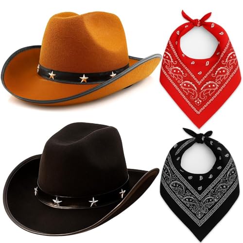Cowboy-Verkleidungs-Set, 4 Stück, Schwarz & Braun, sternbesetzte Cowboyhüte mit roten & schwarzen Bandanas, Western-Kostüm für Junggesellinnenabschiede, Junggesellenabschiede, Halloween Cowboy-Verkleidungs-Set, 4 Stück, Schwarz & Braun, sternbesetzte Cowboyhüte mit roten & schwarzen Bandanas, Western-Kostüm für Junggesellinnenabschiede, Junggesellenabschiede, Halloween von I LOVE FANCY DRESS