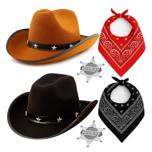 Cowboy-Verkleidungsset - Schwarz-Braun mit Stern bestickte Cowboyhüte mit roten & schwarzen Bandanas und 2 Sheriff-Abzeichen - Western-Kostüm-Set für Partys, Junggesellenabschiede Cowboy-Verkleidungsset - Schwarz-Braun mit Stern bestickte Cowboyhüte mit roten & schwarzen Bandanas und 2 Sheriff-Abzeichen - Western-Kostüm-Set für Partys, Junggesellenabschiede von I LOVE FANCY DRESS