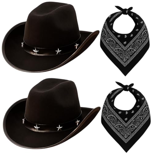 Cowboy-Verkleidungsset – Schwarze Cowboyhüte mit Sternen, 2 Stück mit 2 schwarzen Bandanas – Western-Kostüm für Junggesellinnenabschiede, Junggesellenabschiede, Halloween & Themen-Events von I LOVE FANCY DRESS