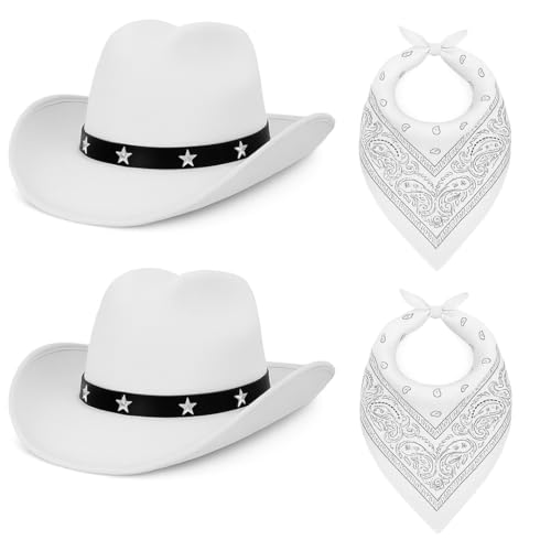 Cowboy-Verkleidungsset – weiße Cowboyhüte mit Sternen und 2 weißen Bandanas – Western-Kostüm für Junggesellinnenabschiede, Junggesellenabschiede, Halloween & Themen-Events, Cowgirl-Outfit von I LOVE FANCY DRESS
