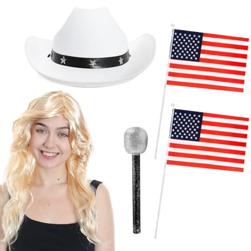 Cowboy-Zubehör-Set für Damen, weißer Cowgirl-Hut, blonde Perücke, 2 handschwenkende amerikanische Flaggen, Mikrofon, für Erwachsene, Country-Musik, Konzert, Kostümzubehör von I LOVE FANCY DRESS