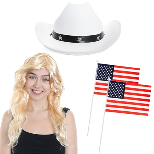 Cowboy-Zubehör-Set für Damen, weißer Cowgirl-Hut, blonde Perücke, 2 handschwenkende amerikanische Flaggen, für Erwachsene, Country-Musik, Konzert, Kostümzubehör von I LOVE FANCY DRESS