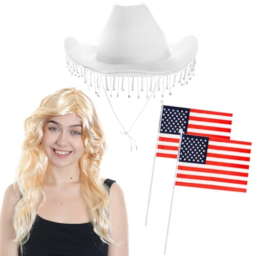 Cowboy-Zubehör-Set für Damen, weißer Cowgirl-Hut mit Diamant-Fransen, blonde Perücke, 2 handschwenkende amerikanische Flaggen, Erwachsene, Country-Musik, Konzert, Kostümzubehör von I LOVE FANCY DRESS