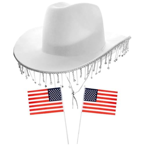 Cowboy-Zubehör-Set für Damen, weißer Cowgirl-Hut mit Diamant-Fransen und 2 handwehenden amerikanischen Flaggen, Erwachsene, Country-Musik, Konzert, Kostümzubehör von I LOVE FANCY DRESS