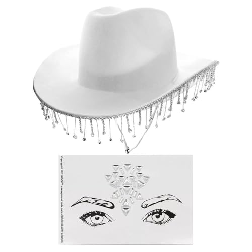 Cowboy-Zubehör-Set für Damen, weißer Cowgirl-Hut mit Diamant-Fransen und Gesicht, Rock-Edelstein-Aufkleber, Erwachsene, Country-Musik, Konzert, Kostümzubehör von I LOVE FANCY DRESS