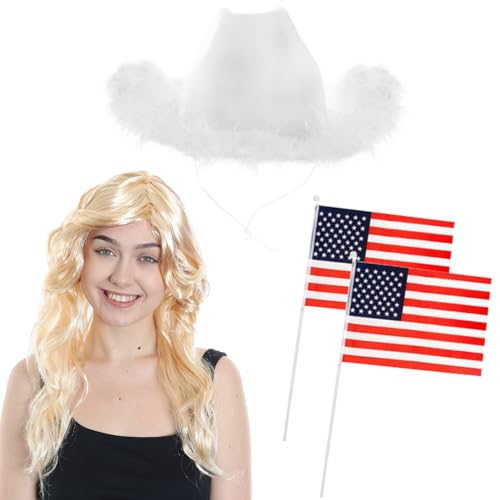 Cowboy-Zubehör-Set für Damen, weißer Cowgirl-Hut mit Marabu-Besatz, blonde Perücke, 2 handschwenkende amerikanische Flaggen, Erwachsenen-Kostüm-Zubehör für Country-Musik, Konzert, Kostümzubehör Cowboy-Zubehör-Set für Damen, weißer Cowgirl-Hut mit Marabu-Besatz, blonde Perücke, 2 handschwenkende amerikanische Flaggen, Erwachsenen-Kostüm-Zubehör für Country-Musik, Konzert, Kostümzubehör von I LOVE FANCY DRESS
