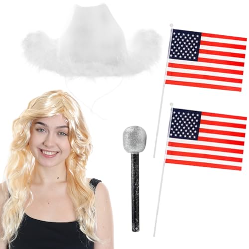 Cowboy-Zubehör-Set für Damen, weißer Cowgirl-Hut mit Marabu-Besatz, blonde Perücke, 2 handwinkende amerikanische Flaggen, Mikrofon, für Erwachsene, Country-Musik, Konzert, Kostümzubehör Cowboy-Zubehör-Set für Damen, weißer Cowgirl-Hut mit Marabu-Besatz, blonde Perücke, 2 handwinkende amerikanische Flaggen, Mikrofon, für Erwachsene, Country-Musik, Konzert, Kostümzubehör von I LOVE FANCY DRESS