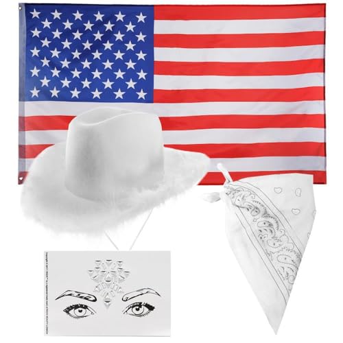 Cowboy-Zubehör-Set für Damen, weißer Cowgirl-Hut mit Marabu-Fransen, amerikanische Flagge, Edelstein-Aufkleber und weißes Paisley-Bandana, für Erwachsene, Country-Musik-Konzert, Kostümzubehör von I LOVE FANCY DRESS