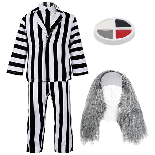 Crazy Ghost Kostüm für Kinder, Größe S, schwarz-weiß gestreifter Anzug, schwarze Krawatte, graue Perücke, Halloween-Kostüm für Kinder von I LOVE FANCY DRESS