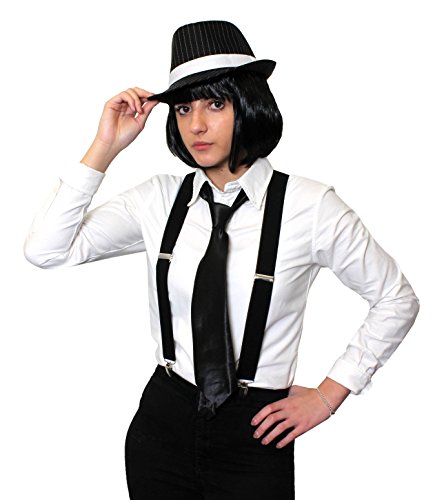 DAMEN LADYS GANGSTER KOSTÜM ZUBEHÖR SET = SET KOMMT MIT EINER SCHWARZEN BOB PERÜCKE+SCHWARZEN HOSENTRÄGERN+EINER SCHWARZEN KRAWATTE UND EINEM SCHWARZEM NADELSTREIFEN HUT MIT WEISSEM BAND von I LOVE FANCY DRESS