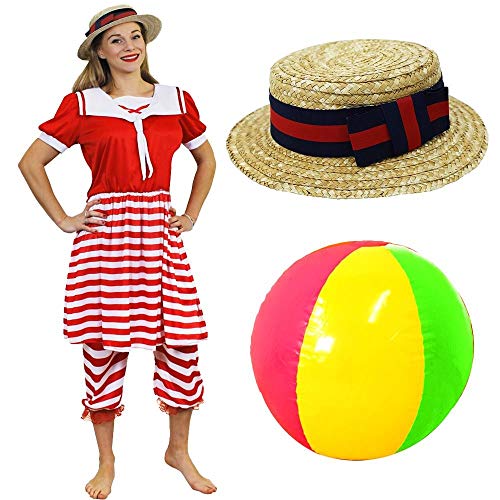 DAMEN VIKTORIANISCHES BADEANZUG-KLEIDERKOSTÜM - 1920ER Jahre VIKTORIANISCHES BADEANZUG-KLEIDERKOSTÜM FÜR FRAUEN PLUS STROHBOOTER-HUT UND STRANDBALL-SOMMER-FANTASTISCHES KLEIDERKOSTÜM (X-LARGE) von I LOVE FANCY DRESS