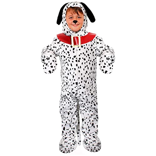 Dalmatiner-Kostüm für Kinder, groß, Dalmatiner-Druck, Jumpsuit mit rotem Hundehalsband-Detail + Kapuze mit befestigten Hundeohren, 2-teiliges Buchwoche, Welttag des Buches, Kostüm, Welttag Dalmatiner-Kostüm für Kinder, groß, Dalmatiner-Druck, Jumpsuit mit rotem Hundehalsband-Detail + Kapuze mit befestigten Hundeohren, 2-teiliges Buchwoche, Welttag des Buches, Kostüm, Welttag von I LOVE FANCY DRESS