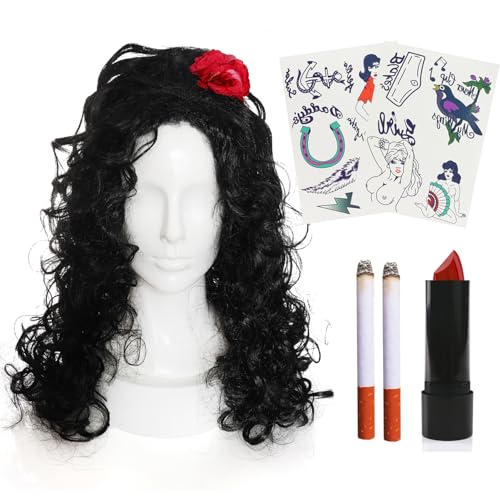 Damen 00er Jahre Sänger Zubehör Set - Schwarze Bienenstock Perücke, Hipster Tattoos, Roter Lippenstift, Fake Zigaretten - Erwachsene Noughties Musik Kostüm Zubehör Set Damen 00er Jahre Sänger Zubehör Set - Schwarze Bienenstock Perücke, Hipster Tattoos, Roter Lippenstift, Fake Zigaretten - Erwachsene Noughties Musik Kostüm Zubehör Set von I LOVE FANCY DRESS