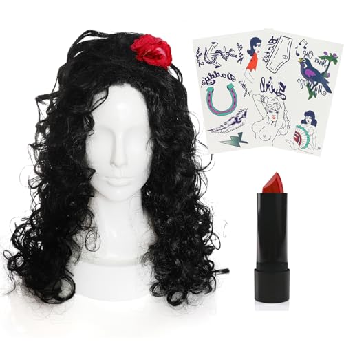 Damen 00er Jahre Sänger Zubehör Set - Schwarze Bienenstock Perücke, Hipster Temporäre Tattoobögen, Roter Lippenstift - Erwachsene Noughties Musik Ikone Kostüm Zubehör Set Damen 00er Jahre Sänger Zubehör Set - Schwarze Bienenstock Perücke, Hipster Temporäre Tattoobögen, Roter Lippenstift - Erwachsene Noughties Musik Ikone Kostüm Zubehör Set von I LOVE FANCY DRESS