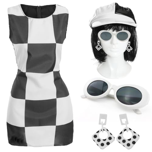 Damen 60er Jahre Mod Kostüm - Klein - Deluxe Schwarz & Weiß Kleid mit Perücke, Hut, Sonnenbrille & Ohrringen - Retro Sixties Fancy Dress Outfit Damen 60er Jahre Mod Kostüm - Klein - Deluxe Schwarz & Weiß Kleid mit Perücke, Hut, Sonnenbrille & Ohrringen - Retro Sixties Fancy Dress Outfit von I LOVE FANCY DRESS