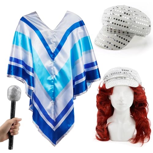 Damen 70er Jahre Pop Star Kostüm Set - Blau und Silber Poncho, Lange Rotbraun Perücke, Glitzer Mikrofon & Pailletten Hut - Erwachsene 1970er Jahre Disco Verkleidung Outfit für Partys von I LOVE FANCY DRESS