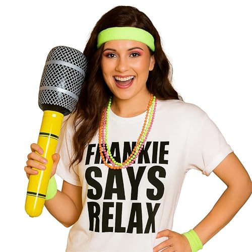 Damen 80er Jahre Pop Star Kostüm Set Groß Weiß Slogan T-Shirt Aufblasbares Mikrofon Neon Perlen Halsketten Fasching Outfit für 1980er Jahre Motto-Party Damen 80er Jahre Pop Star Kostüm Set Groß Weiß Slogan T-Shirt Aufblasbares Mikrofon Neon Perlen Halsketten Fasching Outfit für 1980er Jahre Motto-Party von I LOVE FANCY DRESS