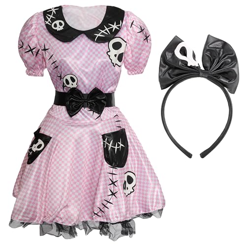 Damen Aufziehpuppenkostüm – Größe M – rosa und schwarzes Kleid mit Totenkopf- und Stichdetails und schwarzem Totenkopf-Stirnband – Ragdoll-Skelly-Halloween-Kostüm für Damen Damen Aufziehpuppenkostüm – Größe M – rosa und schwarzes Kleid mit Totenkopf- und Stichdetails und schwarzem Totenkopf-Stirnband – Ragdoll-Skelly-Halloween-Kostüm für Damen von I LOVE FANCY DRESS
