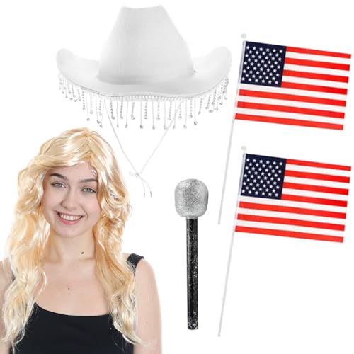 Damen Cowboy Zubehör Set Weiß Cowgirl Hut mit Diamant Fransen Blonde Perücke 2 Hand winken Amerikanische Flaggen Mikrofon Erwachsene Country Musik Konzert Verkleidung Kostüm Zubehör von I LOVE FANCY DRESS