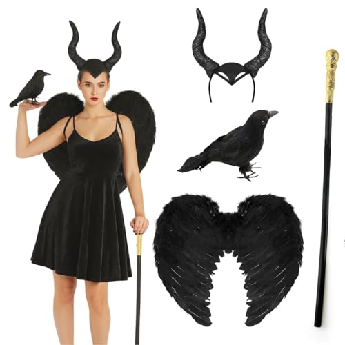 Damen Dark Fairy Bösewicht Kostüm Set - Schwarzes Kleid, Horn Stirnband, Flügel, Rabe Prop & Staff - Halloween & Fasching von I LOVE FANCY DRESS
