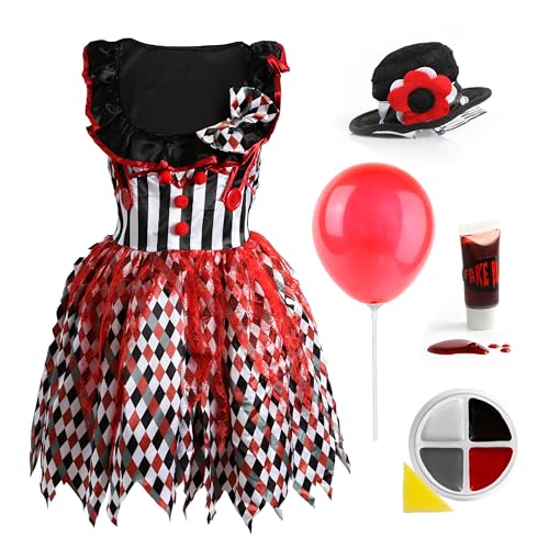 Damen Deluxe Killer Clown Kostüm - Klein - Clownkleid, rote Perücke, weiße Handschuhe, roter Ballon, Gesichtsfarbe, Kunstblut - Erwachsene TV-Film Halloween Verkleidung von I LOVE FANCY DRESS