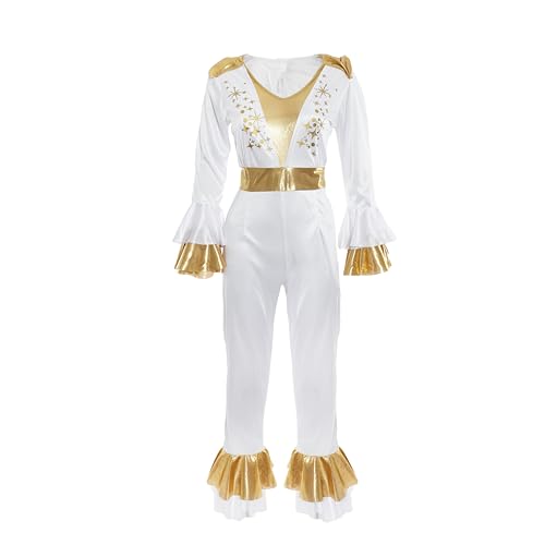 Damen Disco-Königin-Kostüm – Größe L – Weiß & Gold 70er Jahre Overall mit ausgestellten Säumen und Schultern – Damen Vintage Retro 1970er Popmusik-Ikonen-Kostüm Damen Disco-Königin-Kostüm – Größe L – Weiß & Gold 70er Jahre Overall mit ausgestellten Säumen und Schultern – Damen Vintage Retro 1970er Popmusik-Ikonen-Kostüm von I LOVE FANCY DRESS