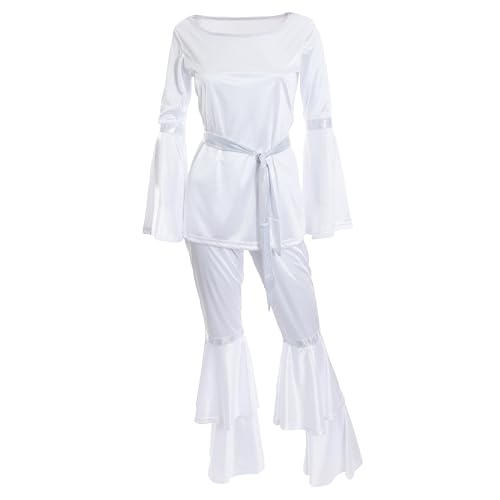 Damen Disco-Königin-Kostüm – Größe S – Weiß & Silber 70er Jahre Tunika Top und passende Hose mit ausgestellten Säumen – Damen Vintage Retro 1970er Popmusik-Ikonen-Kostüm Damen Disco-Königin-Kostüm – Größe S – Weiß & Silber 70er Jahre Tunika Top und passende Hose mit ausgestellten Säumen – Damen Vintage Retro 1970er Popmusik-Ikonen-Kostüm von I LOVE FANCY DRESS