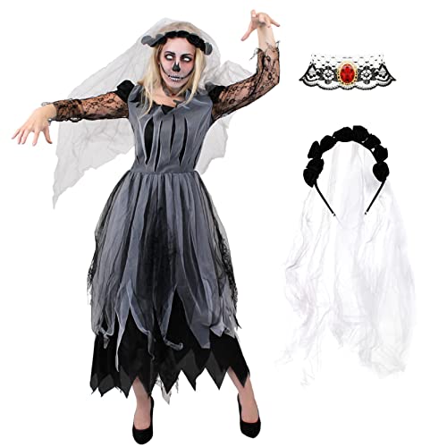 Damen Geisterbraut Halloween-Kostüm – schwarze Leichenbraut Hochzeitskleid – perfekt für Halloween oder jede Kostümparty (XXL) von I LOVE FANCY DRESS