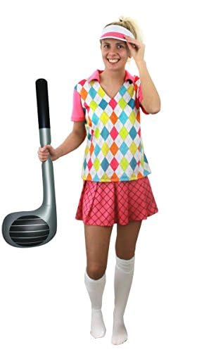 Damen-Golfkostüm, Größe M, rosa Oberteil mit Argyll-Muster + Rock + Visier + aufblasbarer Golfschläger – Damenkostüm für Junggesellinnenabschied, Kneipe, Crawl Damen-Golfkostüm, Größe M, rosa Oberteil mit Argyll-Muster + Rock + Visier + aufblasbarer Golfschläger – Damenkostüm für Junggesellinnenabschied, Kneipe, Crawl von I LOVE FANCY DRESS