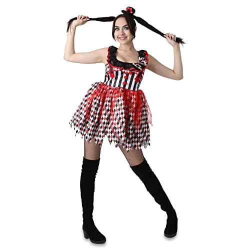 Damen Halloween Clown Kostüm – groß – gruseliges böser Killer Clown Kostüm mit Streifen & Harlekin Print und Miniatur-Fascinator Hut am Stirnband Damen Halloween Clown Kostüm – groß – gruseliges böser Killer Clown Kostüm mit Streifen & Harlekin Print und Miniatur-Fascinator Hut am Stirnband von I LOVE FANCY DRESS