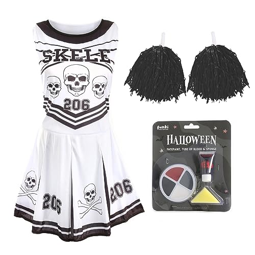 Damen Halloween Skelett Cheerleader - Groß - Schwarz/Weiß Cheerleader Kleid mit roten Pompons, blutigen Strumpfhosen, Kunstblut und Gesichtsfarbe Damen Halloween Skelett Cheerleader - Groß - Schwarz/Weiß Cheerleader Kleid mit roten Pompons, blutigen Strumpfhosen, Kunstblut und Gesichtsfarbe von I LOVE FANCY DRESS