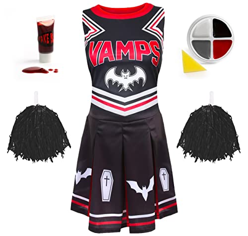 Damen Halloween Vampir Cheerleader – Größe S UK 8–10 – Schwarzes Cheerleader-Kleid mit roten Pompons, Kunstblut und Gesichtsfarbe Damen Halloween Vampir Cheerleader – Größe S UK 8–10 – Schwarzes Cheerleader-Kleid mit roten Pompons, Kunstblut und Gesichtsfarbe von I LOVE FANCY DRESS