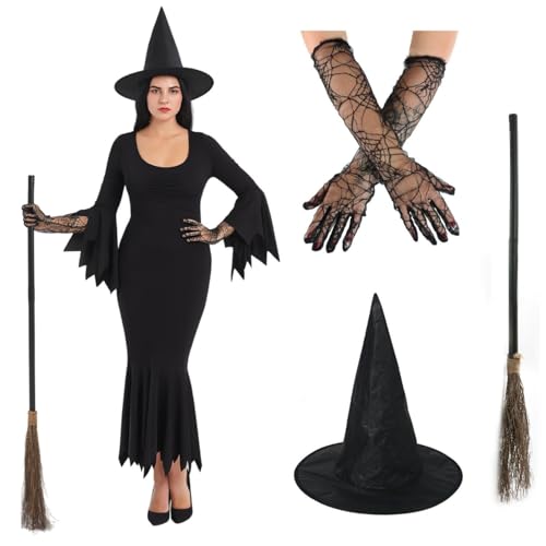 Damen Hexenkostüm Set - Gothic schwarzes Kleid mit spitzem Hut, Spinnennetz-Handschuhen & Besenstiel - Erwachsene Halloween Verkleidung Outfit für Partys & Events - 3XL von I LOVE FANCY DRESS