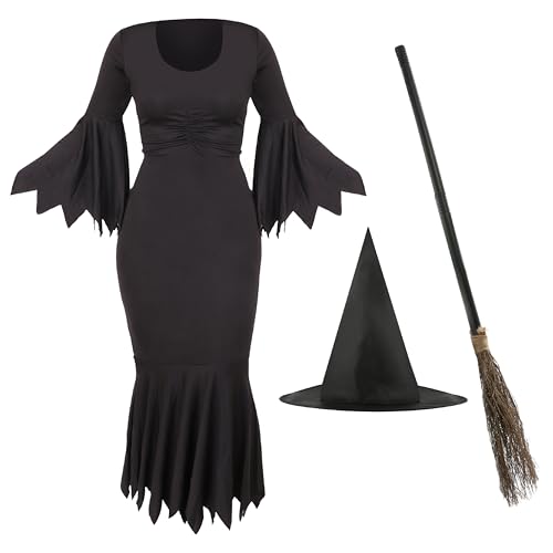 Damen Hexenkostüm & Besenstiel – XXL – schwarzer Hexenhut, schwarzes Kleid und 3-teiliger Hexenbesen – perfekt für Halloween-Kostüme von I LOVE FANCY DRESS
