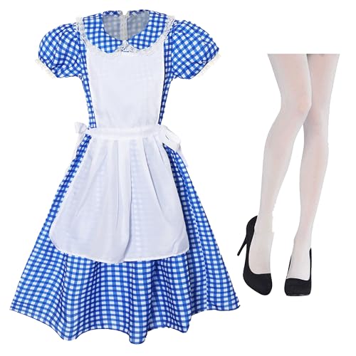 Damen-Kostüm Kansas Girl mit Strumpfhose, Größe L, blau-weißes Gingham-Kleid, weiße Schürze und weiße Strumpfhose, perfekt für den Welttag des Buches Damen-Kostüm Kansas Girl mit Strumpfhose, Größe L, blau-weißes Gingham-Kleid, weiße Schürze und weiße Strumpfhose, perfekt für den Welttag des Buches von I LOVE FANCY DRESS