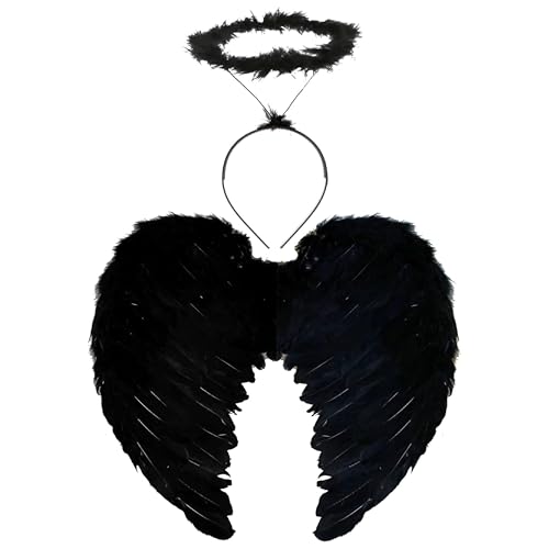 Damen Kostüm-Set mit dunklen Engeln, schwarze Federflügel und schwarzer Marabu-Heiligenschein, Erwachsene, dunkler Engel, Kostüm-Zubehör-Set Damen Kostüm-Set mit dunklen Engeln, schwarze Federflügel und schwarzer Marabu-Heiligenschein, Erwachsene, dunkler Engel, Kostüm-Zubehör-Set von I LOVE FANCY DRESS