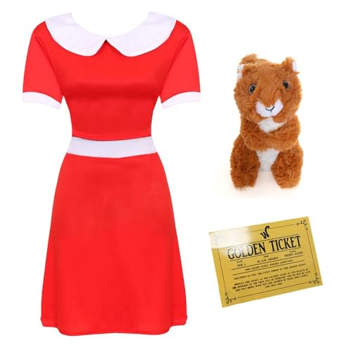 Damen-Kostüm "Spoilt Golden Ticket und Plüsch-Eichhörnchen", Größe 38-40, rotes Kleid mit weißem Kragen, goldenem Ticket und Plüsch-Eichhörnchen, Erwachsene, Damen, Fernseh-/Filmwelttag Damen-Kostüm "Spoilt Golden Ticket und Plüsch-Eichhörnchen", Größe 38-40, rotes Kleid mit weißem Kragen, goldenem Ticket und Plüsch-Eichhörnchen, Erwachsene, Damen, Fernseh-/Filmwelttag von I LOVE FANCY DRESS