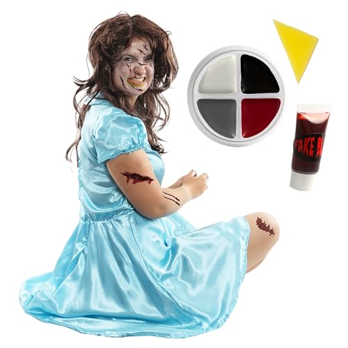 Damen-Kostüm für Mädchen – Größe XL – braune Perücke, blaues Kleid, weiß, grau, rot und schwarz Gesichtsfarbe und Kunstblut – perfekt für Charakterverkleidungen und Halloween-Kostüme von I LOVE FANCY DRESS