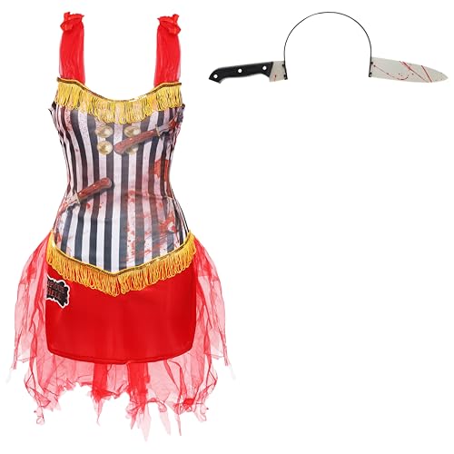 Damen Messerwerfer Assistent Kostüm - Klein - Schwarz und Weiß gestreiftes Kleid mit goldenen Quasten und falschem Messer Stirnband - Erwachsene Zirkus Halloween Faschingskostüm von I LOVE FANCY DRESS